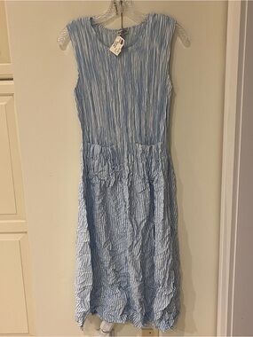 Light Blue Striped Sleeveless Midi Dress by